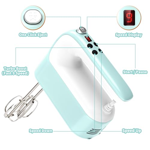 9 Speed Digital Hand Mixer Electric (Ice Blue/White)