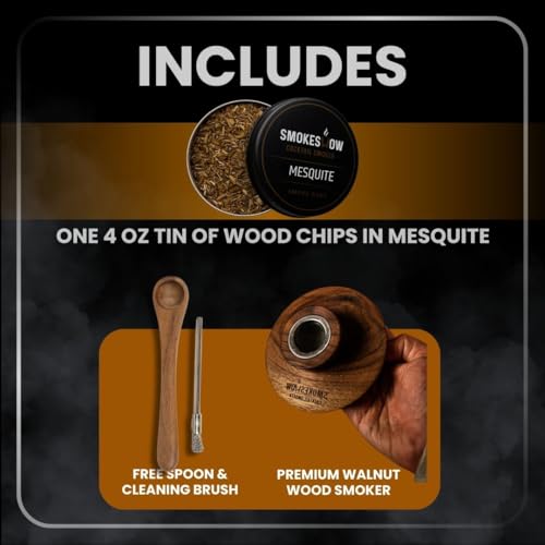 Premium Walnut Wood Cocktail Smoker with One 4 oz Tin of Wood Chips. Great for Whiskey & Old Fashion. Coated in Safe Food Natural Beeswax (Mesquite)
