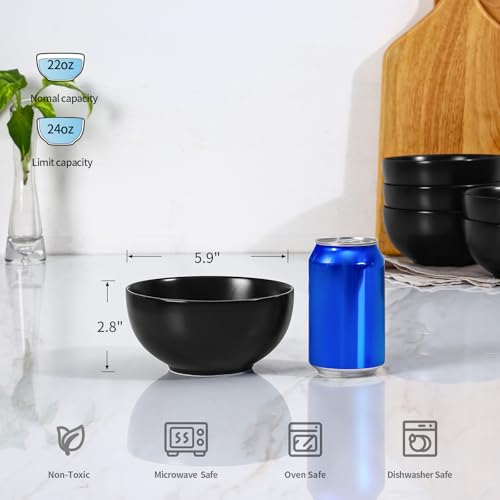 Ceramic Cereal Bowls set of 6 (Matte Black / 24 Oz)