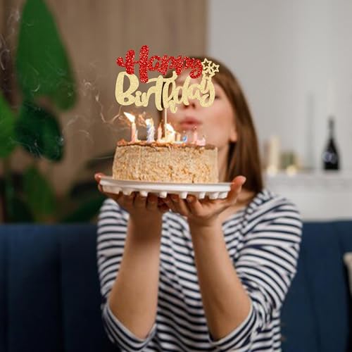 1Pcs Happy Birthday Cake Topper Glitter Happy Birthday Cake Pick for Christmas Theme Baby Shower Anniversary Party Decorations Supplies Red Gold (Style 2 / Red Gold)