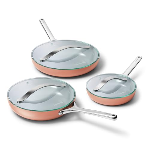 Carway Fry Pan Trio with Glass Lids (1x 8 IN, 1x 10 IN, & 1x 12 IN / Perracotta)