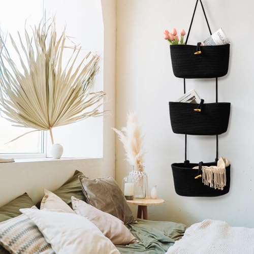 Over the Door Hanging Baskets with Button Strap (Black / 3 tier+Button)