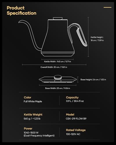 FLOW B9 Gooseneck Electric Kettle ±1°F Temperature Control (White Maple)