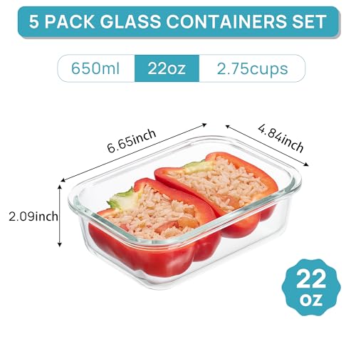 5Pack 22oz Glass Storage Containers with Lids (Blue / 22oz)