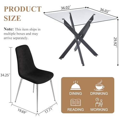 36” Square Glass Dining Table Set for 4 (Black Square Table/Black Velvet Chairs / 5 Pieces)