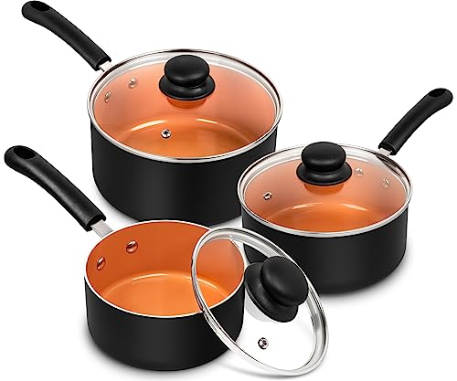 Ceramic Saucepan Set 1.5QT & 2QT & 3QT Nonstick Sauce Pans (Copper / 1.5+2+3QT)