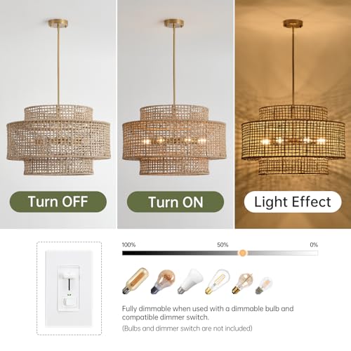 24" Rattan Chandelier for Dining Room (Gold / 24" 6-Light)