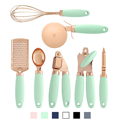 Kitchen Gadget Set Copper Plated Stainless Steel Utensils with Soft Touch Handles (7 Pieces / Copper Mint)
