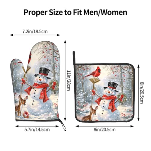 Winter Snowman Oven Mitts and Pot Holder Set of 2 Red Bird Berry Decorative Oven Gloves Heat Resistant Kitchen Hot Pads for Baking Cooking (Winter Snowman Deer)