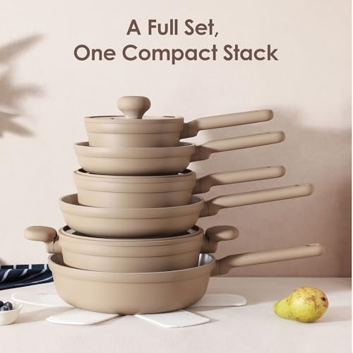 Ceramic Nonstick Pots and Pans Set (Almond Beige / 17pcs)