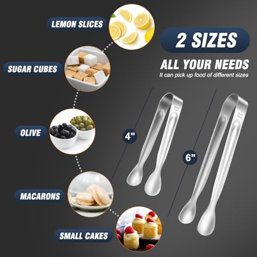 12PCS Ice Tongs Mini Sugar Tong (4+6 inch / Silver 6Pcs)