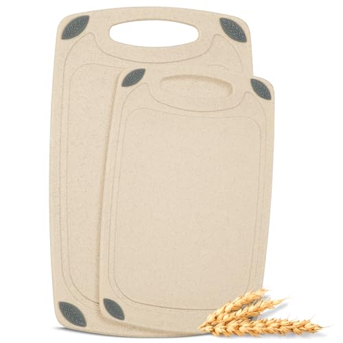 2 Piece Reversible Cutting Board Set Made with Natural Wheat Straw Fiber (Beige)