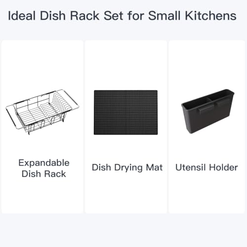 Expandable Dish Drying Rack Over Sink with Extra Drying Mat (Black / For 11.5"-16" W Sink with Cup Holder & Mat)
