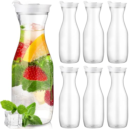 6 Pcs Plastic Water Carafe with Lid 32 Oz Clear (White Cap)