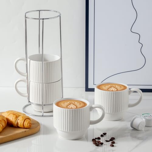 White Ceramic Coffee Mugs Set With Holder (White / 12 Ounces)