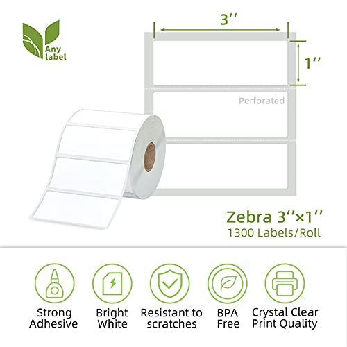 Compatible 3" x 1" Direct Thermal Labes Replacement for Barcodes Postage Address Shipping Compatible with Rollo & Zebra Desktop Printers Adhesive & Perforated (3" x 1" / 12 Rolls)