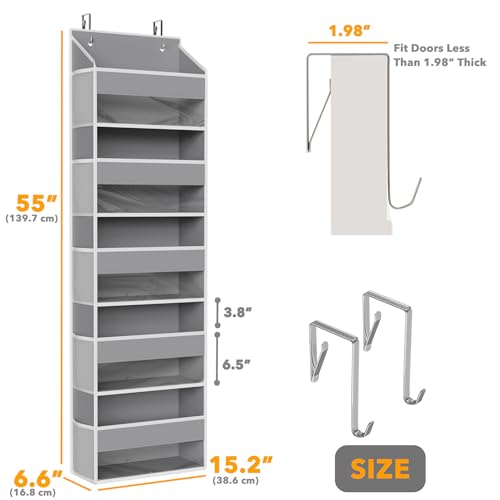 2 Pack Over The Door Organizer with 5 Large Pockets and 10 Mesh Side Pockets (2 Pack / Gray)