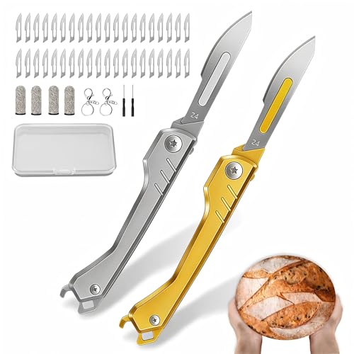 2pcs Folding Bread Lame Dough Scoring Tool with 40 Razor Blades (Gold/Gray)
