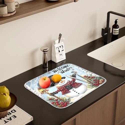 Winter Snowman Christmas Dish Drying Mat for Kitchen Counter Absorbent Microfiber Small Drying Pad Dish mats for Kitchen Countertops 16 x 18 Inch (Winter Snowman / 18" x 16")