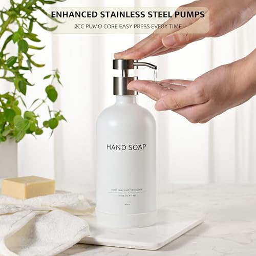 Glass Kitchen Soap Dispenser Set with Ceramic Tray (White Bottles + Silver Pumps)
