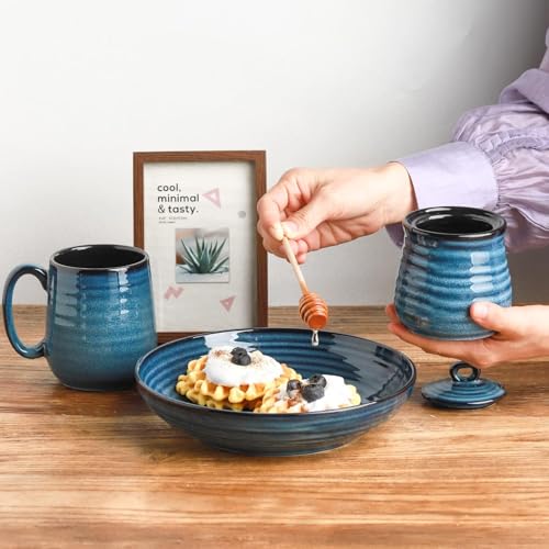 Ceramic 12 Ounce Honey Jar and Dipper Set (Blue)