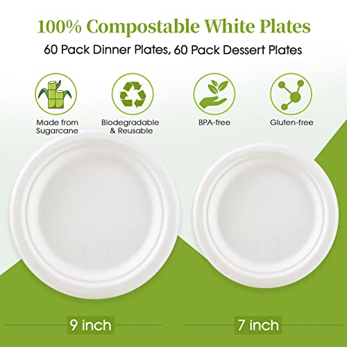120 Pack Compostable Paper Plates Disposable (9 inch and 7 inch)