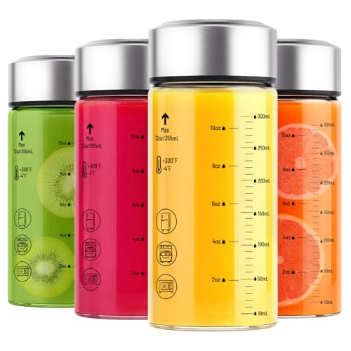 12oz Wide Mouth Glass Juice Bottles With Stainless Steel Lids 4 Pack (silver lid)