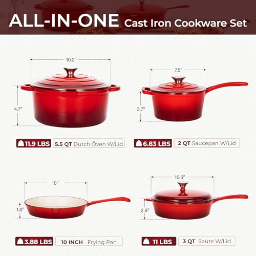 7Pcs Red Enameled Cast Iron Cookware Sets (7 Pcs - Red)