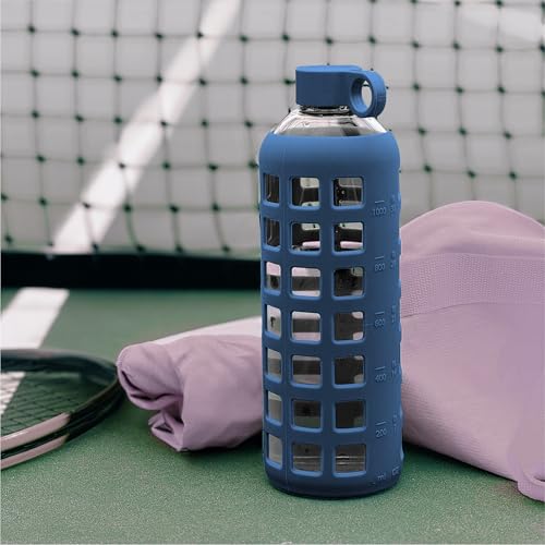 40oz / 32oz / 22oz / 12oz Borosilicate Glass Water Bottle with Time & Volume Markers, Silicone Sleeve, Stainless Steel Lid – Reusable Glass Bottle for Water & Juice (32oz Chinese Porcelain) (Chinese Porcelain (1 Count) / 32 Ounces)