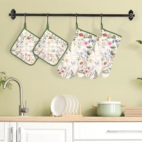 Wildflower Oven Mitts and Pot Holders Set (Grass / Oven Mitt x2 & Pot Holder x2)