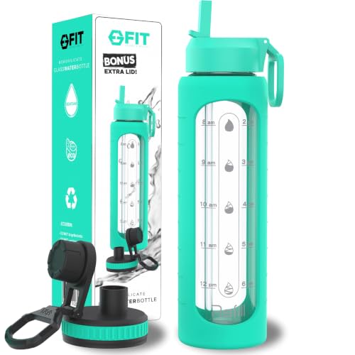 32 oz Glass Water Bottles with Straw Lid & Time Marker (Seafoam Sleeve)