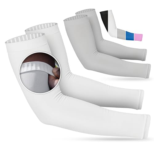 Non Slip Cooling Arm Sleeves for Men & Women (2 Pairs: 1 Pair White + 1 Pair Gray / One Size)