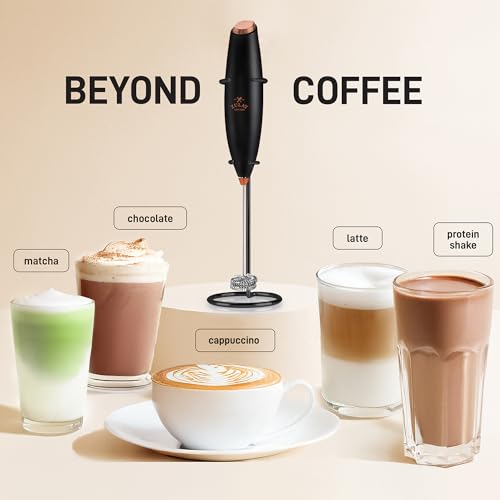 Powerful Milk Frother Wand With Duracell Batteries (Black Copper / Double Whisk + Batteries)
