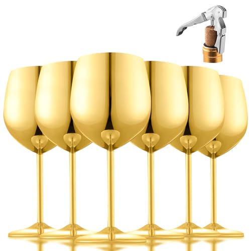 Stainless Steel Wine Glasses Set of 6 with 1 Corkscrew (Gold Mirror / Set of 6)