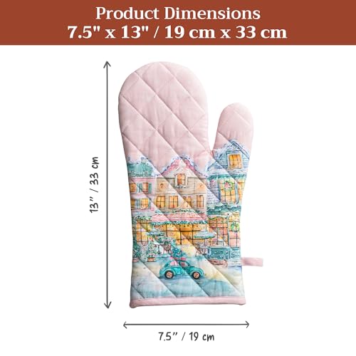 Maison d'Hermine Oven Gloves 100% Cotton Oven Mitt (124 - Christmas Market - Pink / 7.5" x 13" (Oven Mitt))