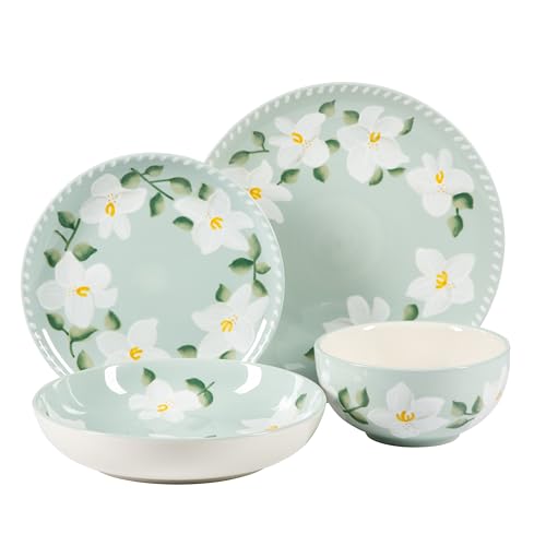 Magnolia Bloom 16 Piece Double Bowl Hand Painted Stoneware Plates and Bowls Floral Dinnerware Set (Magnolia Blom / Service for Four (16pcs))
