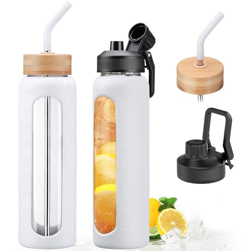 32oz Glass Water Bottle with Straw and 2 Lids (White / 32 Ounces)