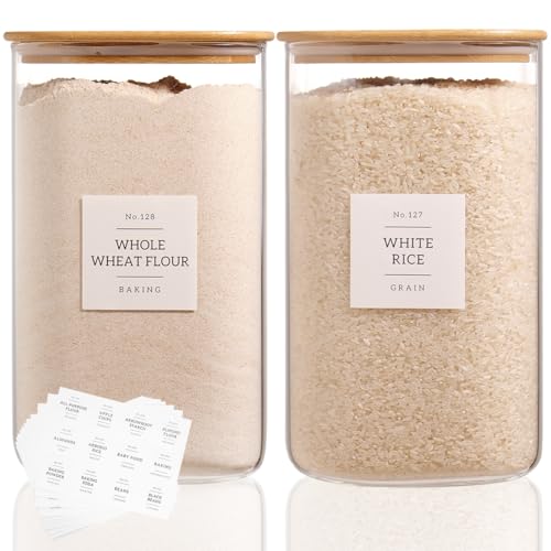 2 Pack large Square Glass Flour and Sugar Containers with 132 Kitchen Pantry Labels