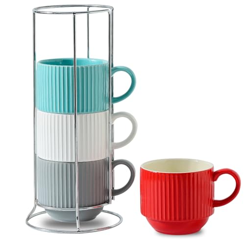 Ceramic Coffee Mug Set of 4 with Rack (Mix-Color3 / 15 Ounces)
