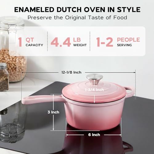 1QT Enameled Cast Iron Saucepan with Lid (Pink / 1 Quarts)