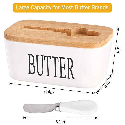 Ceramic Butter Dish with Bamboo Lid and Stainless Steel Knife Spreader (White)