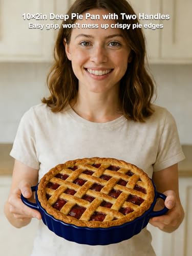 10×2in Deep Ceramic Pie Pan with Handles for Pie Quiche Tart Baking. Easy to grip (Blue / 10IN*2IN)