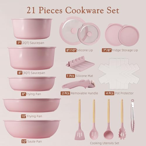 21 Pcs Pots and Pans Set Non Stick (Pink / 21 Piece)