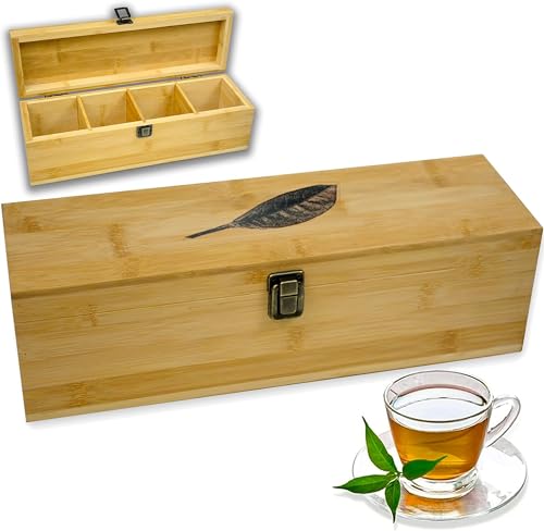 Bamboo Tea Organizer Box Chemical Free Eco (4-Slot Across / Tea Leaf Stamp)