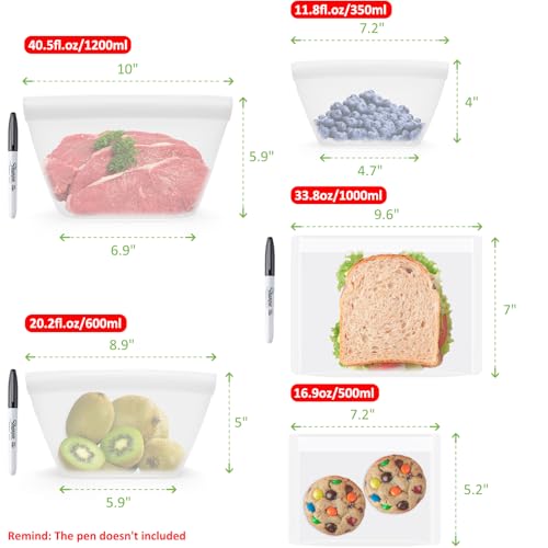 Silicone Bags for Food Storage (Translucent | 5 Size | 5 Pack)