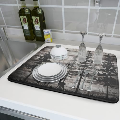 Forest Deer Dish Drying Mat Wildlife Animal Decorative Microfiber Dishes Pad 18x24 Inch Absorbent Reversible Kitchen Counter Drainer Mats (Black Forest Deer / 18" x 24")