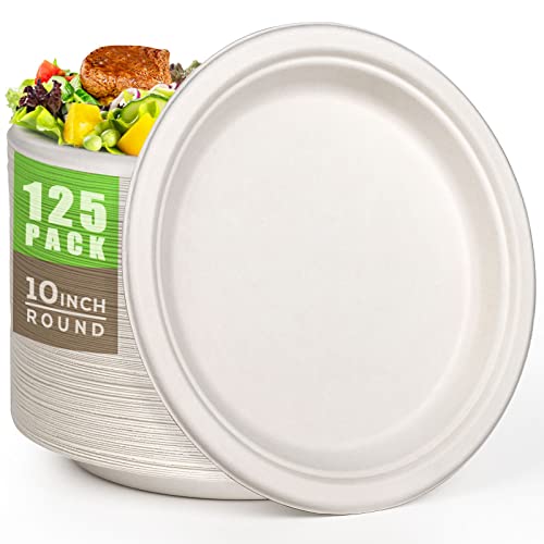 100% Compostable Plates 10 Inch 125 Pack Paper Plates Heavy (Whtie / 10in 125pcs)