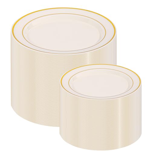 200PCS Gold and Ivory Plastic Plates (Ivory Gold / 200 Pcs)