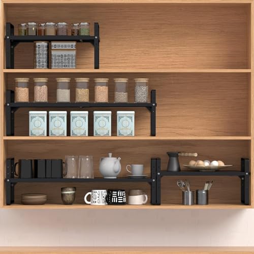 Expandable Cabinet Shelf Organizer Adjustable Metal Spice Rack Stackable Freestanding Counter Storage Shelves for Kitchen Cabinet Under Sink Office Desk (3 Count)