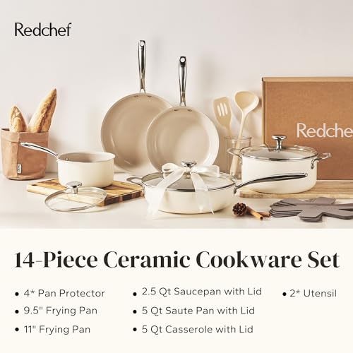 Ceramic Nonstick Cookware Set (Beige / 14PC Cookware Sets)